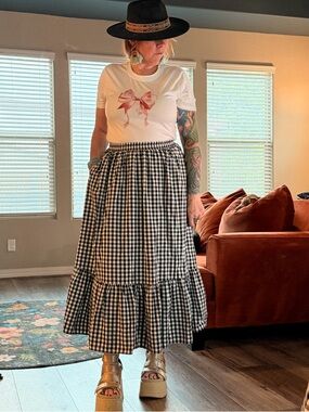 Petal & Pup Black and White Gingham Tiered Maxi Skirt